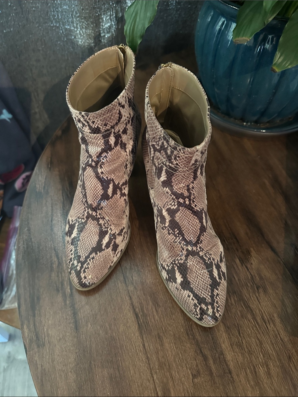 Anne Klein Snake-Print Pointed Ankle Boots in Beige and Brown